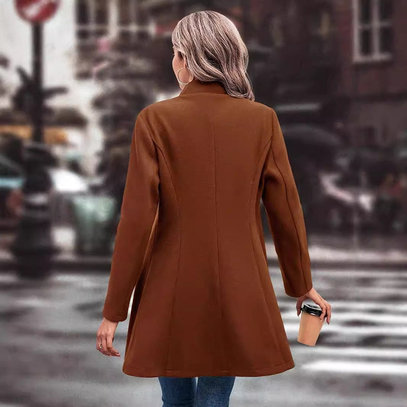 Chic Women's Winter Overcoat - Stylish Lapel Collar Long Pea Coat