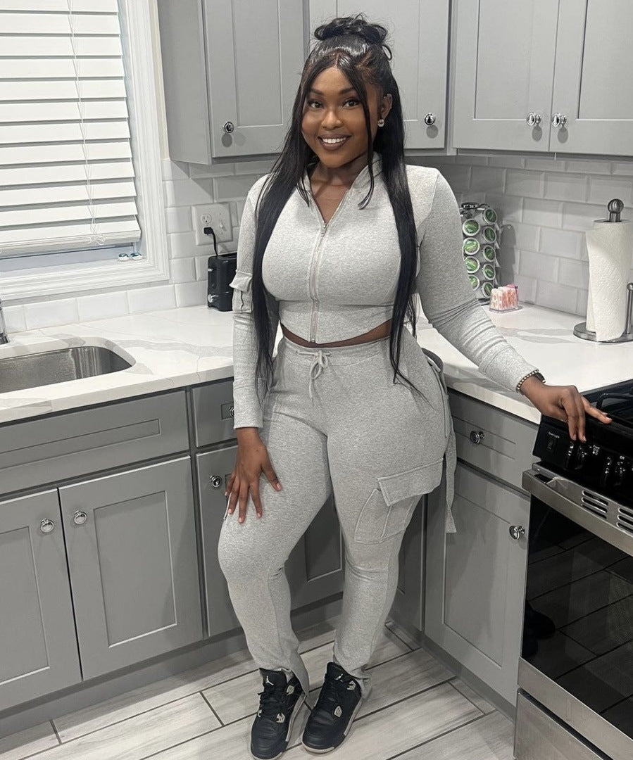 Women'S Casual Tight Sportswear - Multi-Pocket, Coat and Cap Suit Pants