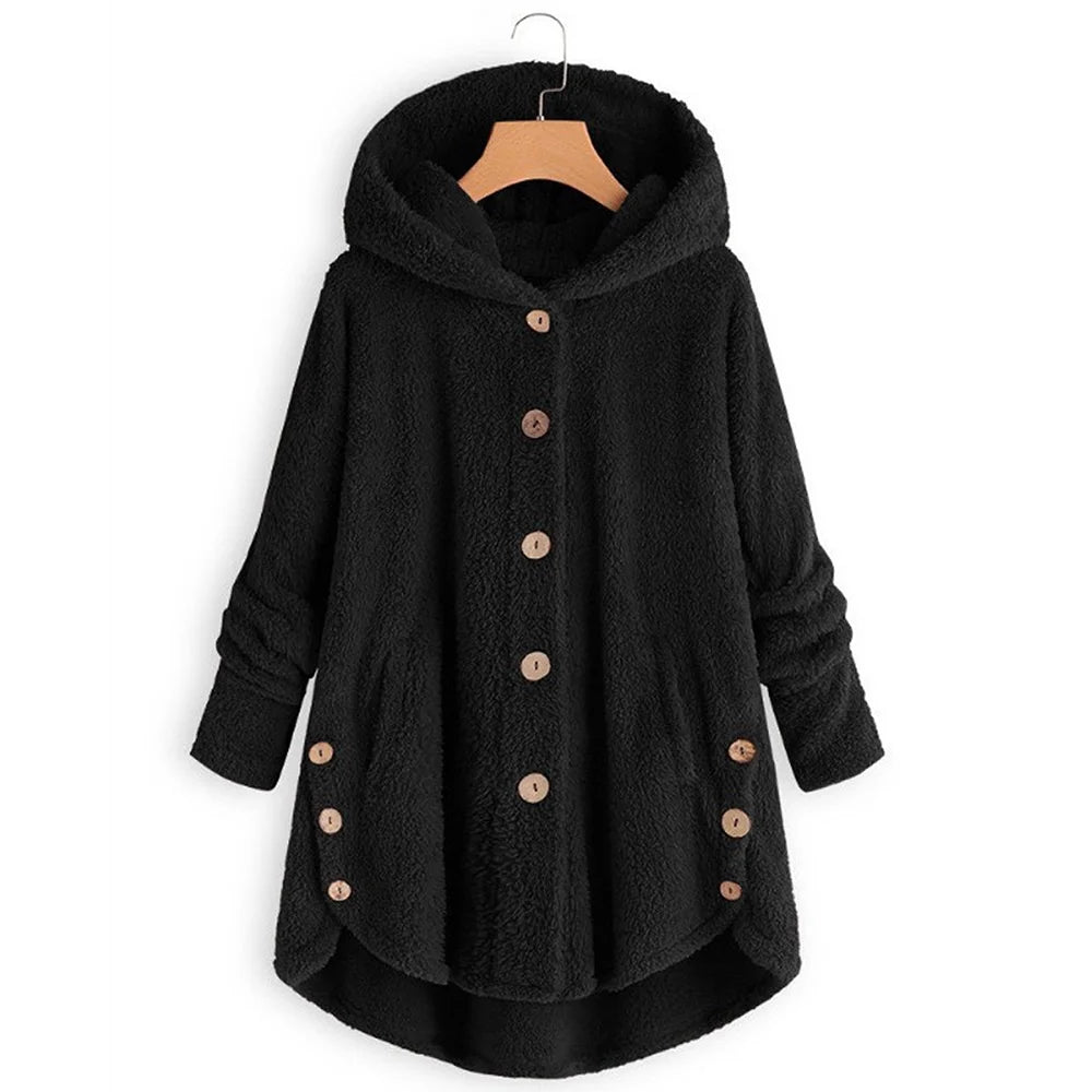 Women’s Plus Size Hooded Wool-Blend Coat — Button Front, Cozy Plush Feel (S–5XL)