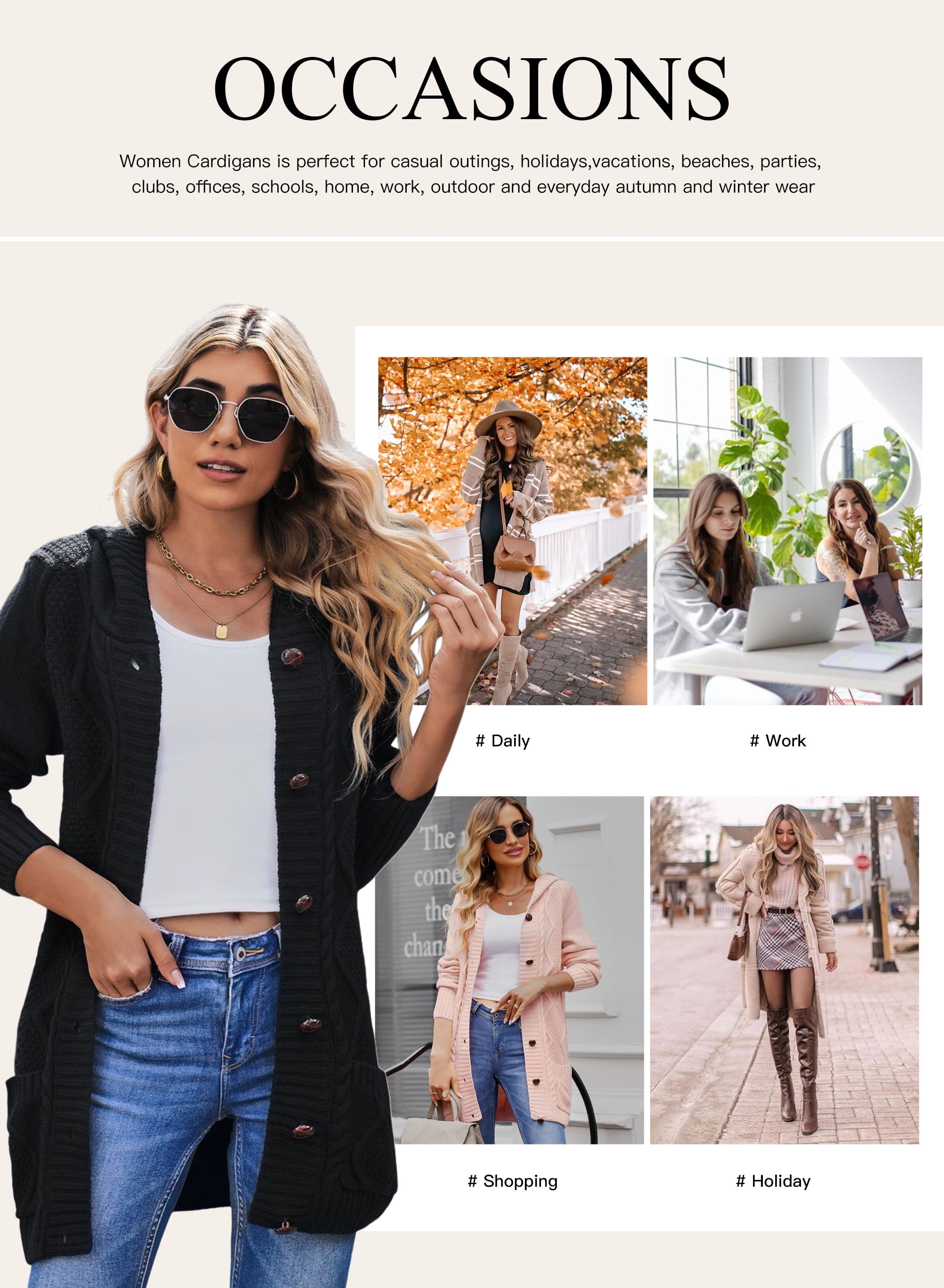 Eytino Women’s Hooded Knit Cardigan Sweater Coat – Button Down, Long Sleeve, Pockets, Loose Fit