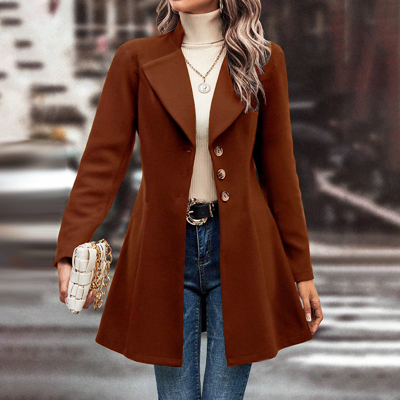Chic Women's Winter Overcoat - Stylish Lapel Collar Long Pea Coat