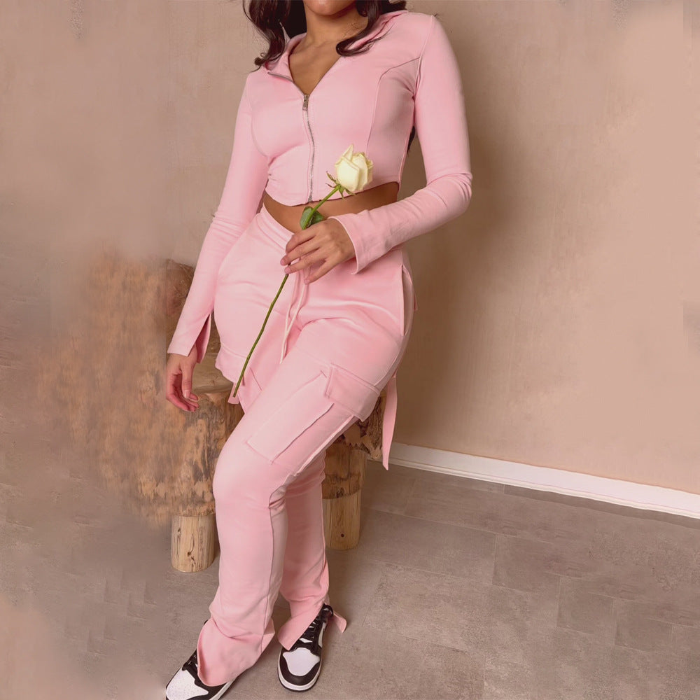 Women'S Casual Tight Sportswear - Multi-Pocket, Coat and Cap Suit Pants