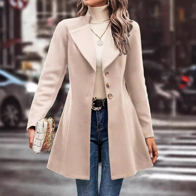 Chic Women's Winter Overcoat - Stylish Lapel Collar Long Pea Coat