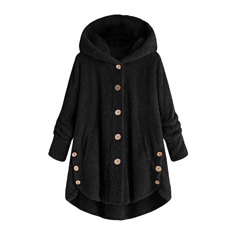 Women’s Plus Size Hooded Wool-Blend Coat — Button Front, Cozy Plush Feel (S–5XL)