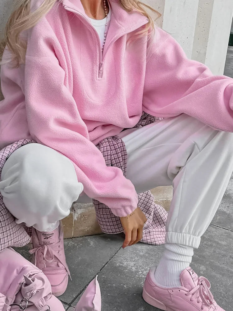 Pink Oversized Zip Hoodie for Women – Cozy Fleece Y2K Streetwear