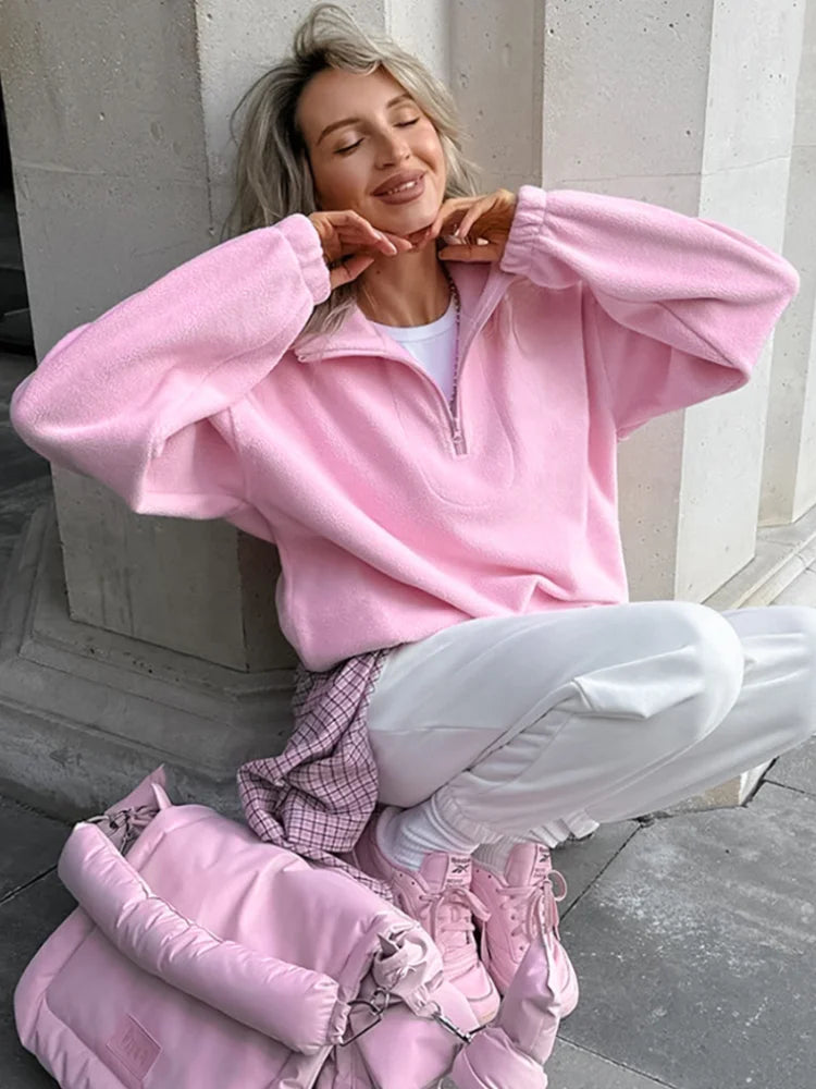 Pink Oversized Zip Hoodie for Women – Cozy Fleece Y2K Streetwear