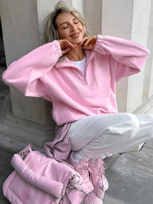 Pink Oversized Zip Hoodie for Women – Cozy Fleece Y2K Streetwear