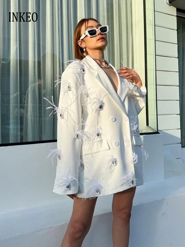 Sparkling Rhinestone Feather Blazer for Women — Premium Double Breasted Jacket