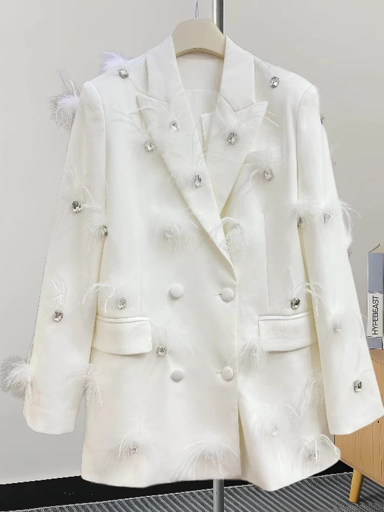 Sparkling Rhinestone Feather Blazer for Women — Premium Double Breasted Jacket
