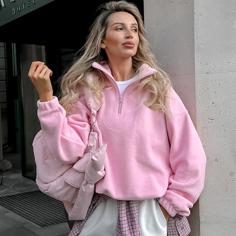 Pink Oversized Zip Hoodie for Women – Cozy Fleece Y2K Streetwear
