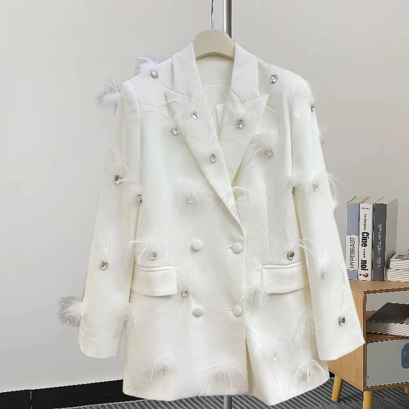 Sparkling Rhinestone Feather Blazer for Women — Premium Double Breasted Jacket
