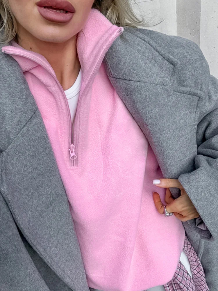 Pink Oversized Zip Hoodie for Women – Cozy Fleece Y2K Streetwear