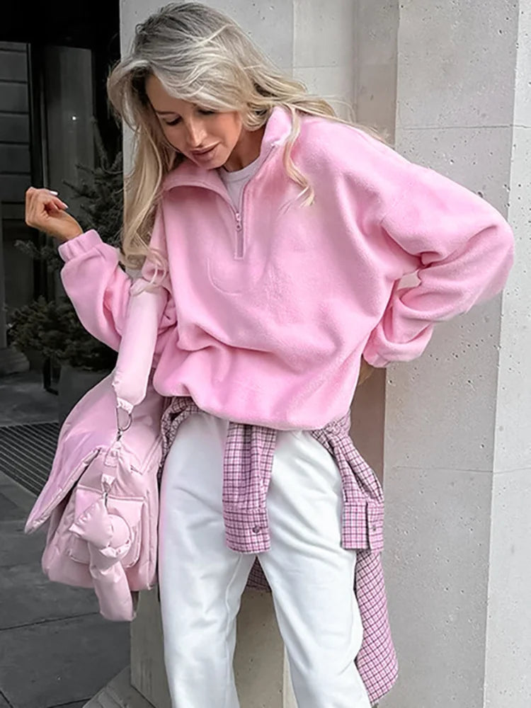 Pink Oversized Zip Hoodie for Women – Cozy Fleece Y2K Streetwear
