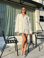 Sparkling Rhinestone Feather Blazer for Women — Premium Double Breasted Jacket