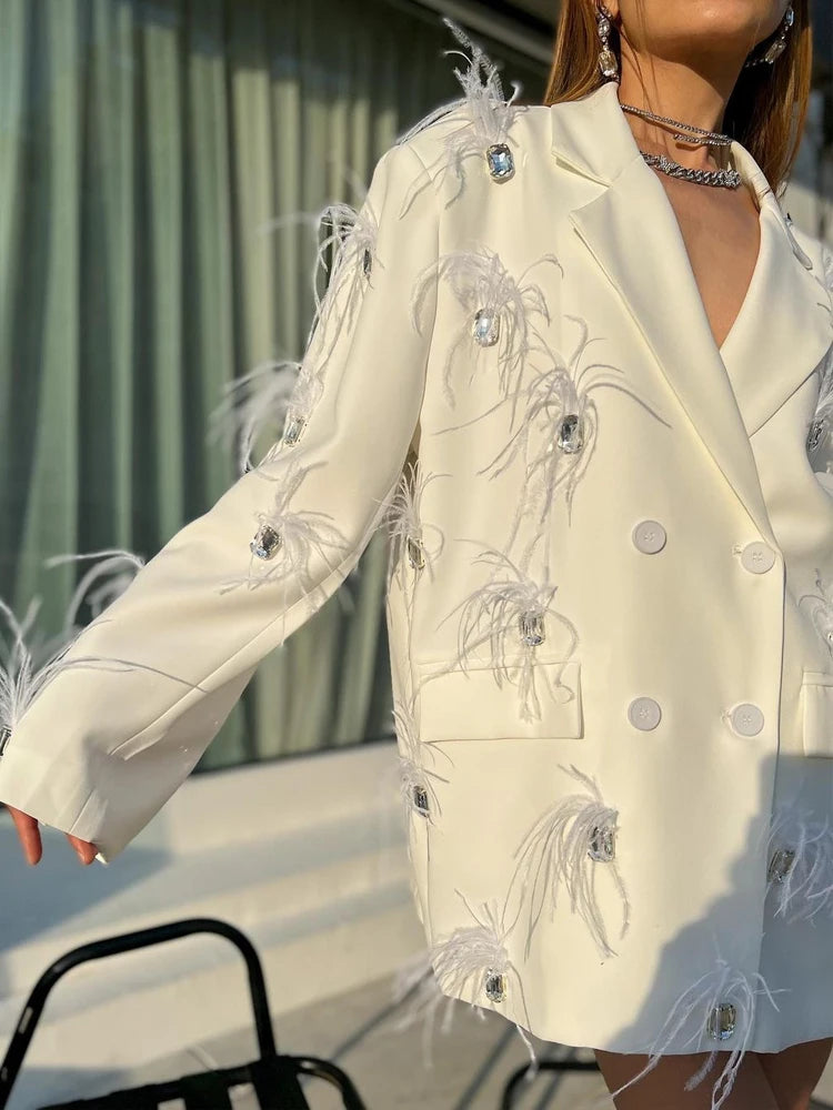 Sparkling Rhinestone Feather Blazer for Women — Premium Double Breasted Jacket