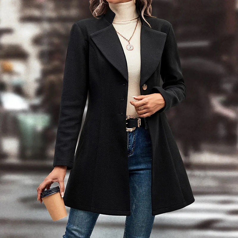 Chic Women's Winter Overcoat - Stylish Lapel Collar Long Pea Coat