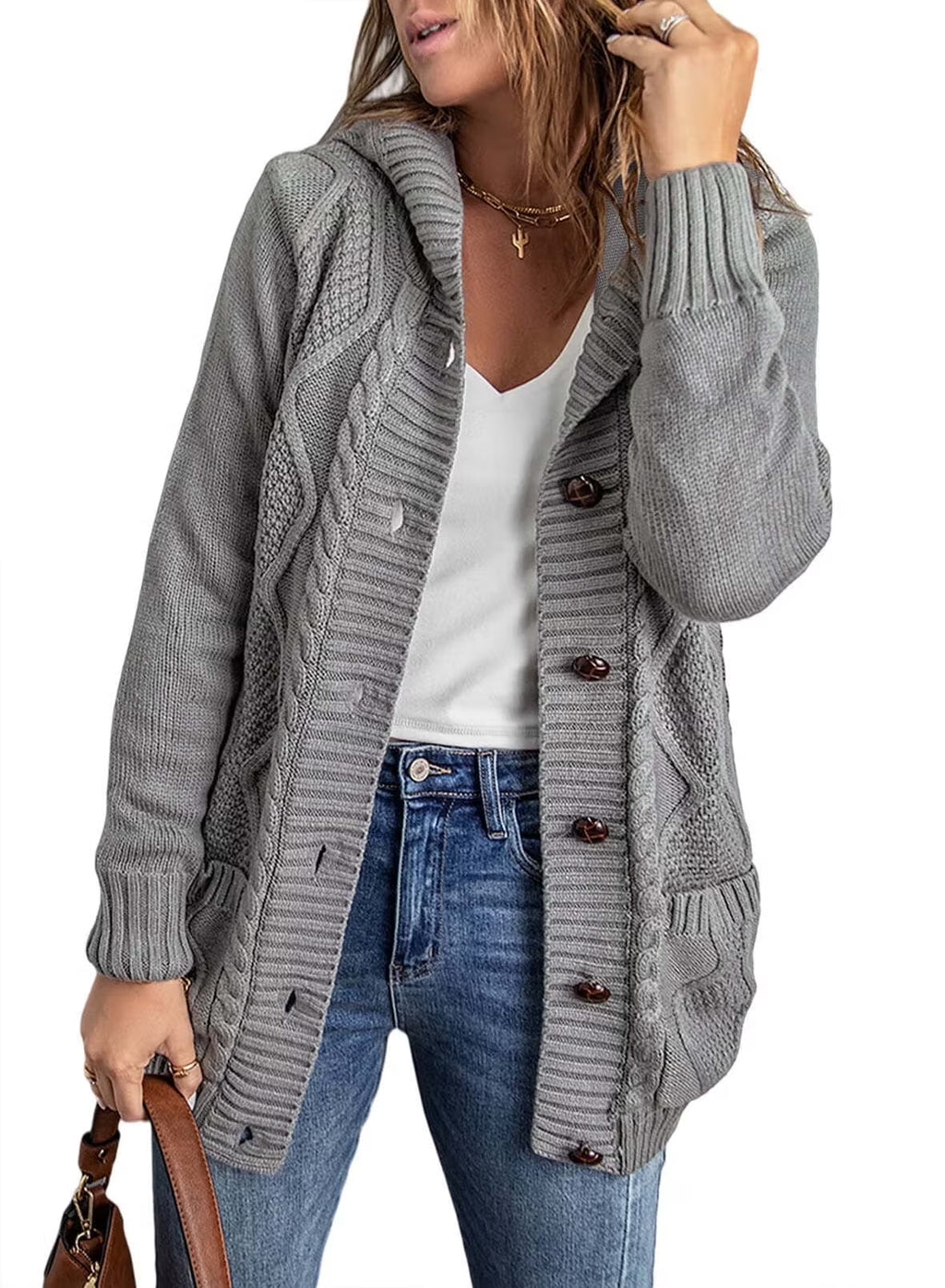 Eytino Women’s Hooded Knit Cardigan Sweater Coat – Button Down, Long Sleeve, Pockets, Loose Fit