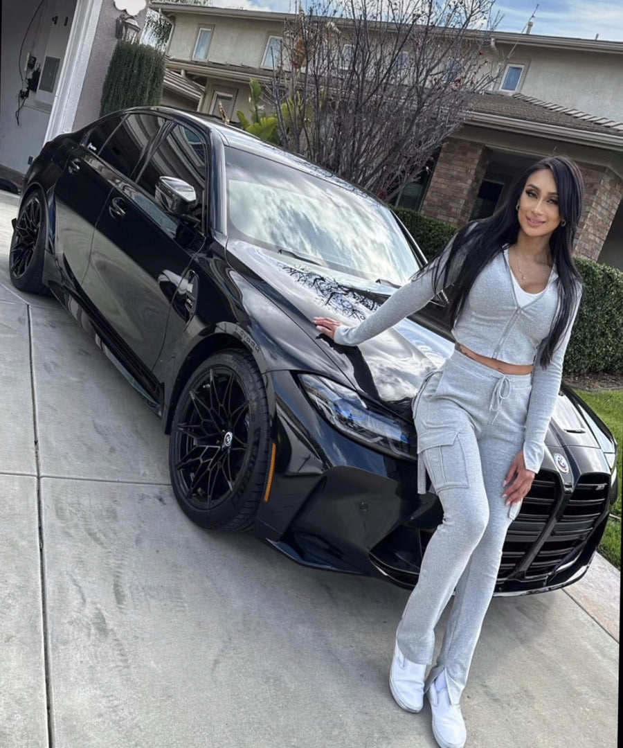 Women'S Casual Tight Sportswear - Multi-Pocket, Coat and Cap Suit Pants